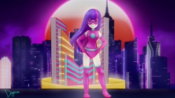 Size: 1280x720 | Tagged: safe, artist:deyyymin, derpibooru import, twilight sparkle, human, city, hands on hip, humanized, magic gaia, plasma girl, superhero