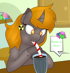 Size: 1836x1905 | Tagged: safe, artist:spk, derpibooru import, oc, oc only, oc:nuclear fusion, oc:zippy sparkz, pegasus, unicorn, art trade, cute, dialogue, female, freckles, ionizing radiation warning symbol, mare, milkshake, speech bubble, straw, straw in mouth, weapons-grade cute