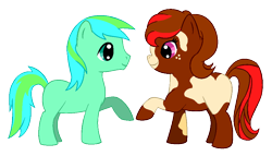 Size: 920x528 | Tagged: safe, artist:chili19, derpibooru import, oc, oc only, oc:peppermint, earth pony, pony, colt, duo, earth pony oc, female, filly, freckles, male, raised hoof, simple background, transparent background