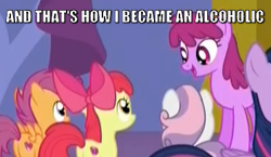 Size: 373x217 | Tagged: safe, edit, edited screencap, screencap, apple bloom, berry punch, berryshine, scootaloo, sweetie belle, twilight sparkle, twilight sparkle (alicorn), alicorn, pony, celestial advice, butt, caption, cutie mark crusaders, image macro, meme, text