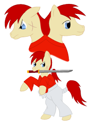 Size: 755x1004 | Tagged: safe, artist:chili19, derpibooru import, earth pony, pony, bust, clothes, himura kenshin, katana, male, mouth hold, ponified, rearing, rurouni kenshin, scarf, simple background, stallion, sword, tail wrap, transparent background, weapon