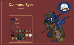 Size: 3000x1832 | Tagged: safe, alternate version, artist:n0kkun, derpibooru import, oc, oc only, oc:diamond eyes (ice1517), bat pony, pony, army, bag, bat pony oc, belt, boots, boys anti tank rifle, clothes, dirt, goggles, gun, male, mask, military, mud, pants, pouch, raised hoof, red background, reference sheet, rifle, saddle bag, shirt, shoes, simple background, solo, stallion, trenchcoat, weapon, world war ii