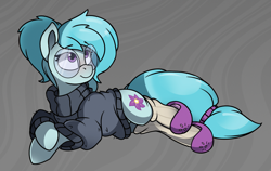 Size: 2769x1754 | Tagged: safe, artist:rexyseven, derpibooru import, oc, oc only, oc:whispy slippers, earth pony, pony, clothes, female, glasses, mare, prone, slippers, socks, solo, sweater, turtleneck