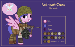 Size: 3001x1881 | Tagged: safe, artist:n0kkun, derpibooru import, oc, oc only, oc:redheart cross, pegasus, pony, armor, bandage, bedroom eyes, boots, clothes, combat armor, combat medic, female, gas mask, gloves, gun, helmet, m3 grease gun, mare, mask, military, pants, pouch, purple background, red cross, reference sheet, shirt, shoes, simple background, solo, submachinegun, weapon, world war ii