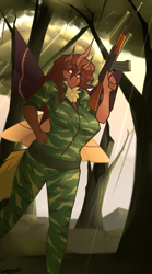 Size: 1113x2000 | Tagged: safe, artist:buckyouall, derpibooru import, oc, oc only, oc:flechette, anthro, changeling, assault rifle, camouflage, forest, gun, red changeling, rifle, weapon