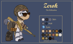 Size: 3000x1832 | Tagged: safe, artist:n0kkun, derpibooru import, oc, oc only, oc:zerok, zebra, bandana, bandolier, belt, blue background, boots, bullet, clothes, flashlight (object), gun, helmet, m1 garand, male, military, pants, pouch, reference sheet, rifle, shirt, shoes, simple background, solo, sunglasses, vest, weapon, world war ii, zebra oc