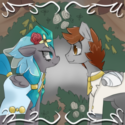 Size: 1000x1000 | Tagged: safe, artist:starlightspark, derpibooru import, oc, oc:blackburn, oc:lockwood, bandage, bandaged wing, bedroom eyes, clothes, crisis equestria, dress, flower, flower in hair, lockburn, looking at each other, marriage, wedding, wedding dress, wings