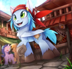 Size: 1280x1231 | Tagged: safe, artist:lostdreamm, derpibooru import, oc, oc only, oc:north compass, pegasus, pony, unicorn, chest fluff, female, mare, market, raised hoof, smiling, town, underhoof, worm's eye view