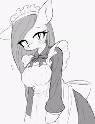 Size: 1568x2048 | Tagged: safe, artist:91o42, derpibooru import, pinkie pie, anthro, earth pony, black and white, blushing, clothes, female, grayscale, looking at you, maid, monochrome, pinkamena diane pie, simple background, sketch, solo