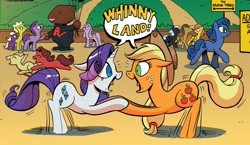 Size: 1615x934 | Tagged: safe, artist:andypriceart, derpibooru import, idw, applejack, rarity, earth pony, pegasus, pony, unicorn, friends forever, spoiler:comic, spoiler:comicff8, background pony, didney worl, duo focus, female, male, mare, official comic, stallion, unnamed pony, whinnyland