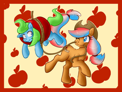 Size: 2000x1500 | Tagged: safe, derpibooru import, applejack, oc, oc:ember, oc:ember (hwcon), earth pony, pony, hearth's warming con