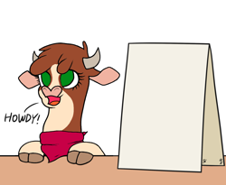 Size: 1100x900 | Tagged: safe, artist:hiddelgreyk, derpibooru import, arizona cow, cow, them's fightin' herds, applejack's sign, arizona's sign, bandana, cloven hooves, female, meme template, simple background, solo, white background