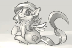 Size: 3000x2000 | Tagged: safe, artist:carrot, derpibooru import, oc, oc only, oc:plushberry, pegasus, pony, ear piercing, earring, female, grayscale, jewelry, mare, monochrome, pegasus oc, piercing, raised hoof, sitting, smiling, solo, wings