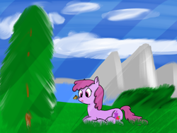 Size: 2250x1688 | Tagged: safe, artist:twistcable, derpibooru import, berry punch, berryshine, butterfly, earth pony, pony, almost made on paint, cute, outdoors, scenery, shitty background