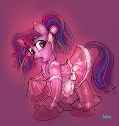 Size: 1000x1058 | Tagged: safe, artist:turbinedivinity, derpibooru import, oc, oc only, earth pony, pony, blush sticker, blushing, clothes, crossdressing, dress, earth pony oc, femboy, frilly dress, gradient background, latex dress, maid, male, nose piercing, nose ring, open mouth, piercing, pigtails, raised hoof, signature, solo, stallion