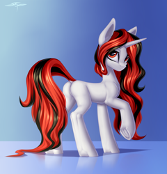 Size: 2877x3000 | Tagged: safe, artist:setharu, derpibooru import, oc, oc only, pony, unicorn, female, gradient background, horn, mare, not blackjack, simple background, solo, underhoof