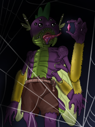 Size: 720x960 | Tagged: safe, artist:zettaidullahan, derpibooru import, spike, dragon, hybrid, clothes, fanfic art, gem, male, multiple eyes, multiple limbs, pants, partial nudity, solo, spider web, tongue out, topless