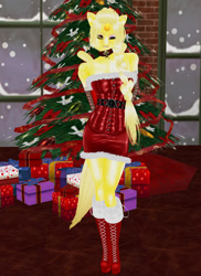 Size: 744x1024 | Tagged: safe, artist:toni-technaclaw, derpibooru import, oc, oc only, oc:dream searcher, anthro, unguligrade anthro, unicorn, arm behind back, boots, christmas, christmas tree, clothes, collar, corset, female, holiday, horn, latex corset, one eye closed, present, shoes, snow, solo, tree, unicorn oc, wink