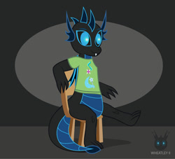 Size: 1385x1257 | Tagged: safe, artist:wheatley r.h., derpibooru exclusive, derpibooru import, oc, oc only, oc:w. rhinestone eyes, dragon, bat wings, chair, clothes, cutie mark, cutie mark on clothes, dragon oc, dragoness, dragoness wheatley, female, shirt, simple background, sitting, solo, vector, watermark, wings