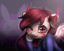 Size: 1280x1024 | Tagged: safe, artist:reterica, derpibooru import, pony, d.va, looking at you, one eye closed, overwatch, ponified, smiling, solo, video game