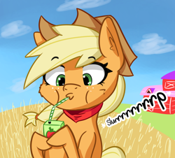 Size: 1940x1755 | Tagged: safe, artist:artiks, derpibooru import, applejack, earth pony, pony, applejack's hat, bandana, cowboy hat, cute, drinking, female, freckles, hat, jackabetes, juice, juice box, mare, slurp, solo, sweet apple acres