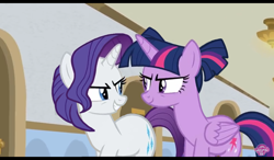 Size: 1024x600 | Tagged: safe, alternate version, artist:emeriss96, derpibooru import, edit, edited screencap, screencap, rarity, twilight sparkle, twilight sparkle (alicorn), alicorn, pony, unicorn, friendship university, door, evil grin, grin, hairstyle, smiling, vector, vector edit