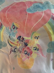 Size: 3024x4032 | Tagged: safe, derpibooru import, applejack, fluttershy, pinkie pie, rainbow dash, rarity, twilight sparkle, bedding, cloud, cute, hot air balloon, irl, mane six, merchandise, photo, rainbow