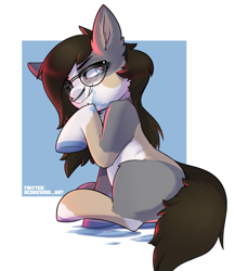 Size: 1337x1539 | Tagged: safe, artist:cokesleeve, derpibooru import, oc, oc:mama chubs, earth pony, pony, blue blood, brown mane, coat markings, cocky, colored, glasses, nose piercing, nose ring, piercing, signature, simple background, solo