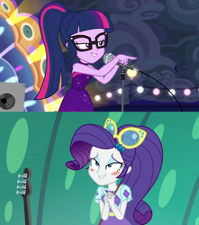 Size: 1908x2156 | Tagged: safe, derpibooru import, edit, edited screencap, screencap, rarity, sci-twi, twilight sparkle, better together, equestria girls, spring breakdown, blushing, female, lesbian, rarilight, sci-rarilight, shipping, shipping domino