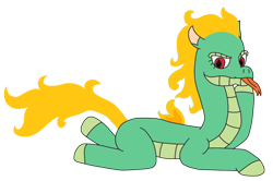 Size: 2476x1642 | Tagged: safe, artist:supahdonarudo, derpibooru import, tianhuo, dragon, hybrid, longma, them's fightin' herds, forked tongue, hoof on chin, looking at you, mane of fire, prone, simple background, tongue out, transparent background