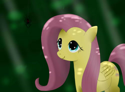 Size: 3000x2200 | Tagged: safe, artist:mricantdraw, derpibooru import, fluttershy, pegasus, pony, spider, female, folded wings, forest, looking at something, looking up, mare, nature is so fascinating, smiling, solo, three quarter view, wings