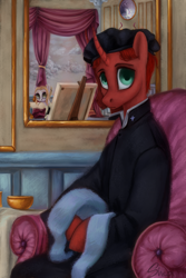 Size: 3600x5400 | Tagged: safe, artist:violettacamak, derpibooru import, oc, oc:absinthe spirits, oc:wuten, pony, unicorn, chair, clothes, looking at you, mirror, painting, sitting, unamused