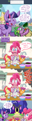 Size: 1280x4794 | Tagged: safe, artist:pippy, derpibooru import, apple bloom, pinkie pie, scootaloo, spike, sweetie belle, twilight sparkle, twilight sparkle (alicorn), alicorn, dragon, pony, apron, clothes, cupcake, cutie mark crusaders, fire, floppy ears, food, icing bag, magic, mouth hold, pinkiepieskitchen, scrunchy face, smoke, twilight's castle