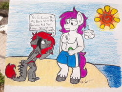 Size: 2576x1932 | Tagged: safe, artist:drheartdoodles, derpibooru import, oc, oc:dr.heart, oc:mellow, anthro, beach, bikini, chest fluff, clothes, clydesdale, drake, partial nudity, red and black oc, shorts, swimsuit, topless, traditional art