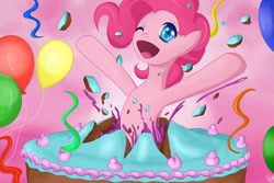 Size: 1600x1067 | Tagged: safe, artist:mricantdraw, derpibooru import, pinkie pie, earth pony, pony, balloon, cake, food, jumping out of cake, party, solo