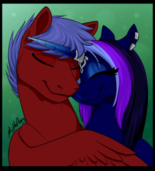 Size: 421x464 | Tagged: safe, artist:mythpony, derpibooru import, oc, oc only, oc:myth, oc:solar flare, alicorn, pegasus, pony, female, male, mare, nuzzling, stallion