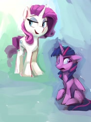 Size: 2000x2667 | Tagged: safe, artist:lilfunkman, derpibooru import, rarity, twilight sparkle, twilight sparkle (alicorn), alicorn, pony, unicorn, abstract background, female, lesbian, mare, rarilight, shipping, sitting