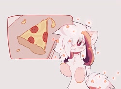 Size: 1280x942 | Tagged: safe, artist:little-sketches, derpibooru import, oc, oc:ayaka, earth pony, pony, alternate design, bipedal, chest fluff, eye clipping through hair, female, food, mare, meat, pepperoni, pepperoni pizza, pink background, pizza, ponified, simple background, solo, species swap, stars