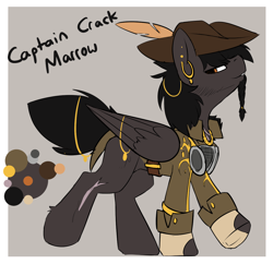Size: 1216x1179 | Tagged: safe, artist:beardie, derpibooru import, oc, oc only, oc:captain crack marrow, pegasus, pony, belt, belt buckle, braid, captain jack sparrow, character design, clothes, commission, ear piercing, earring, equine, feather, gray background, hat, jacket, jewelry, lidded eyes, male, necklace, parody, pegasus oc, piercing, reference sheet, scar, short tail, simple background, solo, stallion