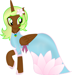 Size: 2401x2498 | Tagged: safe, artist:soulakai41, derpibooru import, oc, oc only, oc:serena flora, alicorn, pony, clothes, dress, female, flower, flower in hair, gala dress, mare, simple background, solo, transparent background