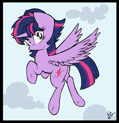 Size: 1780x1852 | Tagged: safe, alternate version, artist:lucas_gaxiola, derpibooru import, twilight sparkle, twilight sparkle (alicorn), alicorn, pony, alternate hairstyle, cloud, colored, female, flying, looking back, mare, signature, smiling, solo, underhoof