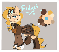 Size: 1406x1238 | Tagged: safe, artist:beardie, derpibooru import, oc, oc only, oc:fidget, earth pony, pony, aviator goggles, bag, boots, character design, clothes, commission, equine, female, goggles, gray background, jacket, lidded eyes, mare, reference sheet, saddle bag, shoes, simple background, solo