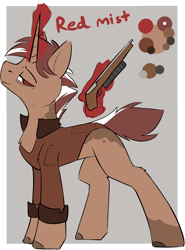 Size: 948x1284 | Tagged: safe, artist:beardie, derpibooru import, oc, oc only, oc:red mist, pony, unicorn, character design, clothes, coat markings, commission, equine, gray background, gun, horn, jacket, lidded eyes, magic, mottled coat, reference sheet, short mane, short tail, simple background, solo, spots, weapon, wrinkles