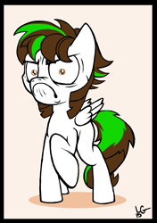 Size: 1016x1444 | Tagged: safe, artist:lucas_gaxiola, derpibooru import, oc, oc only, pegasus, pony, do i look angry, frown, grumpy, pegasus oc, raised hoof, signature, solo, wings