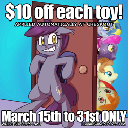 Size: 1719x1719 | Tagged: safe, derpibooru import, oc, oc:cream heart, oc:night stitch, oc:spotlight splash, bat pony, pony, advertisement, bat pony oc, bat wings, bipedal, female, freckles, grin, mare, nervous, nervous grin, plush toys, plushie, smiling, sweat, wings