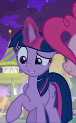 Size: 581x939 | Tagged: safe, derpibooru import, screencap, pinkie pie, twilight sparkle, twilight sparkle (alicorn), alicorn, earth pony, pony, the summer sun setback, cropped, cute, female, glowing horn, horn, mare, offscreen character, raised hoof, solo focus, twiabetes