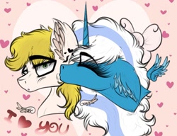 Size: 1021x783 | Tagged: safe, artist:beamybutt, derpibooru import, oc, oc:fleurbelle, oc:golden skies, adorabelle, bow, cute, ear fluff, eyes closed, fleurden, hair bow, hearts and hooves day, kiss on the cheek, kissing, suprised look