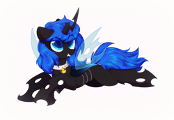 Size: 2408x1660 | Tagged: safe, artist:mirtash, derpibooru import, oc, oc only, oc:blue visions, changeling, bell, bell collar, blue changeling, changeling oc, collar, fangs, simple background, solo, white background