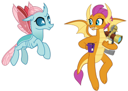 Size: 3269x2319 | Tagged: safe, artist:sketchmcreations, derpibooru import, ocellus, smolder, changedling, changeling, dragon, the last problem, adult, all is well, dragoness, duo, female, flying, food, insect wings, looking at each other, mug, notepad, older, older ocellus, older smolder, sextant, simple background, smiling, spread wings, tea, transparent background, vector, wings