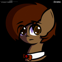 Size: 1500x1500 | Tagged: safe, alternate version, artist:darksoma, derpibooru import, oc, oc:liam king, earth pony, alternate universe, bowtie, hair over one eye, hard shadows, head shot, series, shadows, solo, stanley, stanliam, static, static overlay